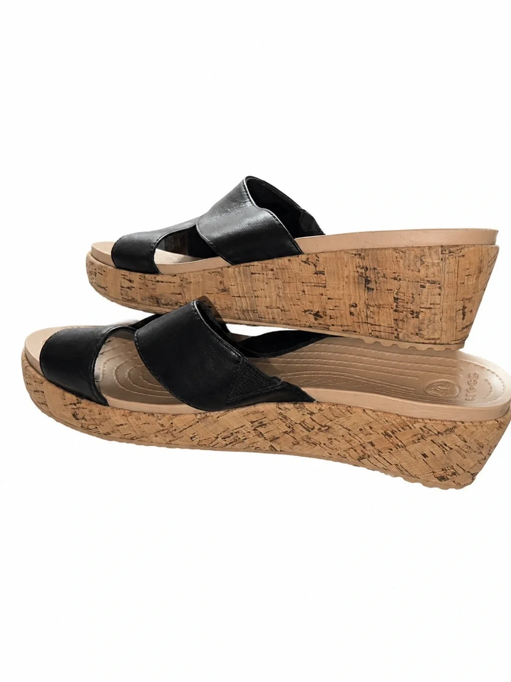 Crocs A-Leigh Leather Mini Wedge Sandals Women’s 8 Black Cork Slingback